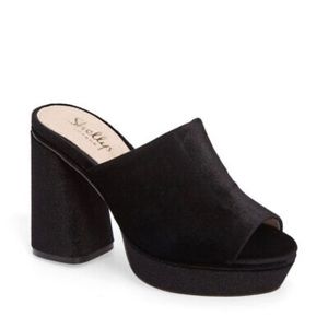 Shellys London Black Velvet Platform Chunky Heel